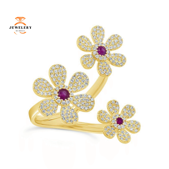 14KT GOLD 0.66 CTW RUBY & DIAMOND PAVÉ 3 FLOWER RING