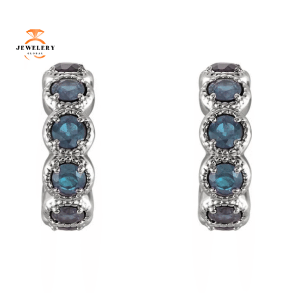 14KT GOLD 1.12 CTW AQUAMARINE J HOOP PETITE EARRINGS - Image 4