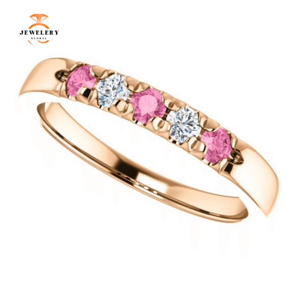 14KT GOLD 0.24 CTW PINK SAPPHIRE & 0.12 CTW DIAMOND FRENCH-SET 5 STONE BAND - Image 2