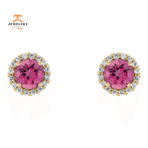 14KT GOLD 1.50 CTW PINK TOURMALINE & 1/8 CTW DIAMOND HALO EARRINGS - Image 4