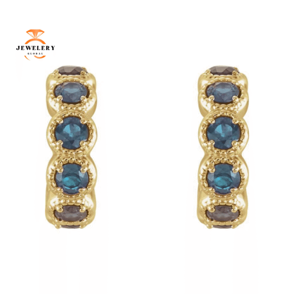 14KT GOLD 1.12 CTW AQUAMARINE J HOOP PETITE EARRINGS - Image 6