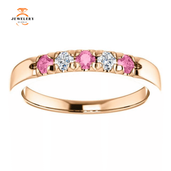 14KT GOLD 0.24 CTW PINK SAPPHIRE & 0.12 CTW DIAMOND FRENCH-SET 5 STONE BAND - Image 4