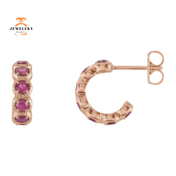 14KT GOLD 1.12 CTW PNK TOURMALINE J HOOP EARRINGS