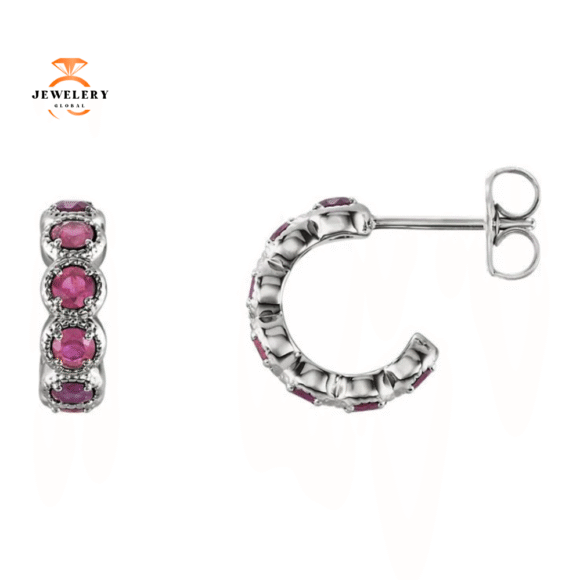 14KT GOLD 1.12 CTW PNK TOURMALINE J HOOP EARRINGS - Image 3