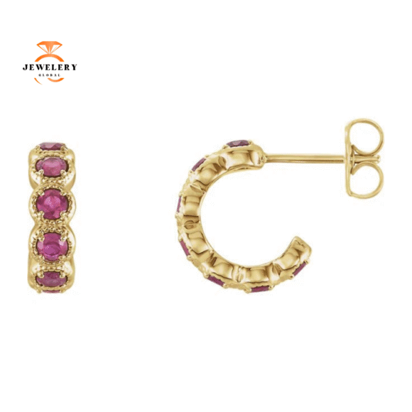 14KT GOLD 1.12 CTW PNK TOURMALINE J HOOP EARRINGS - Image 5
