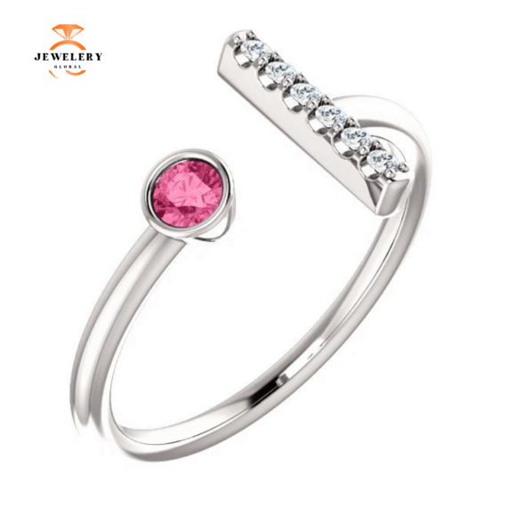 14KT GOLD 0.12 CT PINK TOURMALINE & 0.05 CTW DIAMOND BAR RING