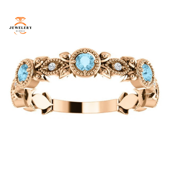 14KT GOLD 0.30 CTW AQUAMARINE & 0.03 CTW DIAMOND LEAF RING - Image 7