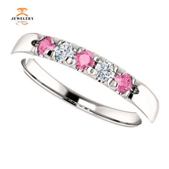 14KT GOLD 0.24 CTW PINK SAPPHIRE & 0.12 CTW DIAMOND FRENCH-SET 5 STONE BAND - Image 16