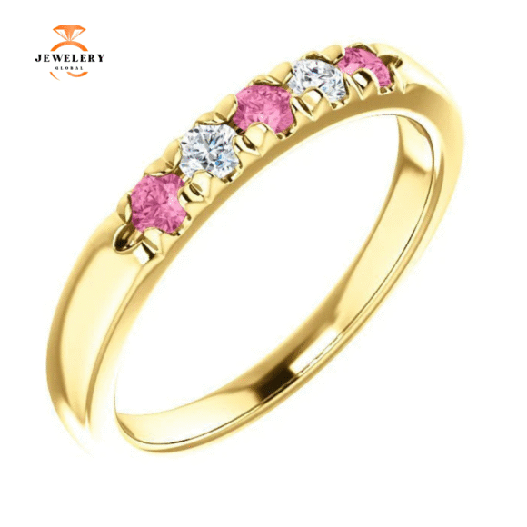 14KT GOLD 0.24 CTW PINK SAPPHIRE & 0.12 CTW DIAMOND FRENCH-SET 5 STONE BAND - Image 8