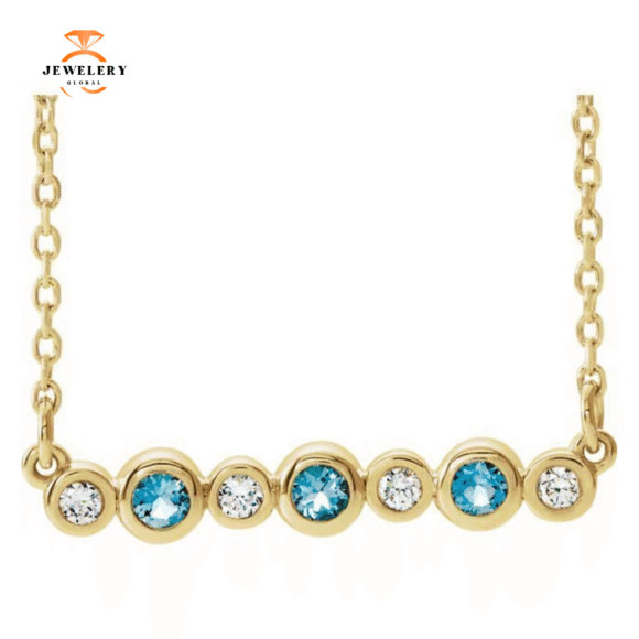 14KT GOLD 0.12 CTW AQUAMARINE & DIAMOND BEZEL-SET BAR NECKLACE - Image 5
