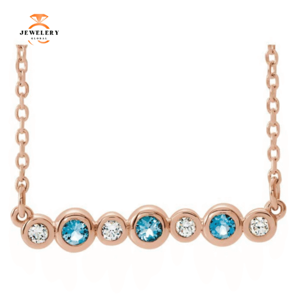 14KT GOLD 0.12 CTW AQUAMARINE & DIAMOND BEZEL-SET BAR NECKLACE - Image 3