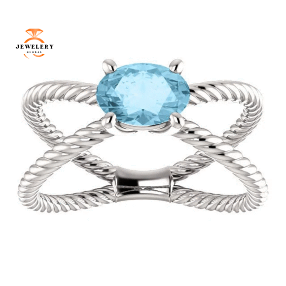 14KT GOLD 0.70 CT AQUAMARINE ROPE CRISS-CROSS RING - Image 2