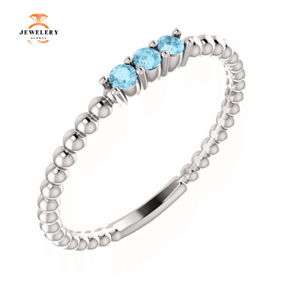 14KT GOLD 0.12 CTW AQUAMARINE 3 STONE BEADED STACKABLE RING