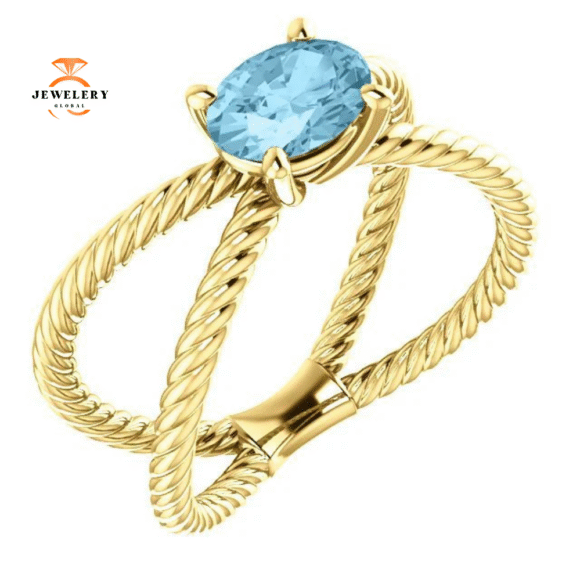 14KT GOLD 0.70 CT AQUAMARINE ROPE CRISS-CROSS RING - Image 5