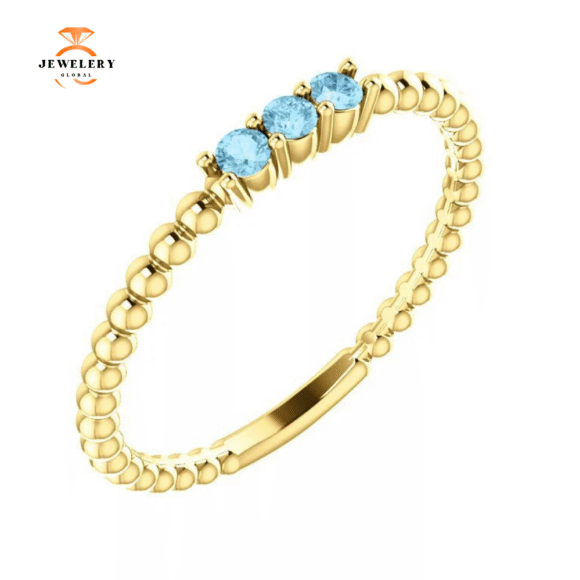 14KT GOLD 0.12 CTW AQUAMARINE 3 STONE BEADED STACKABLE RING - Image 5