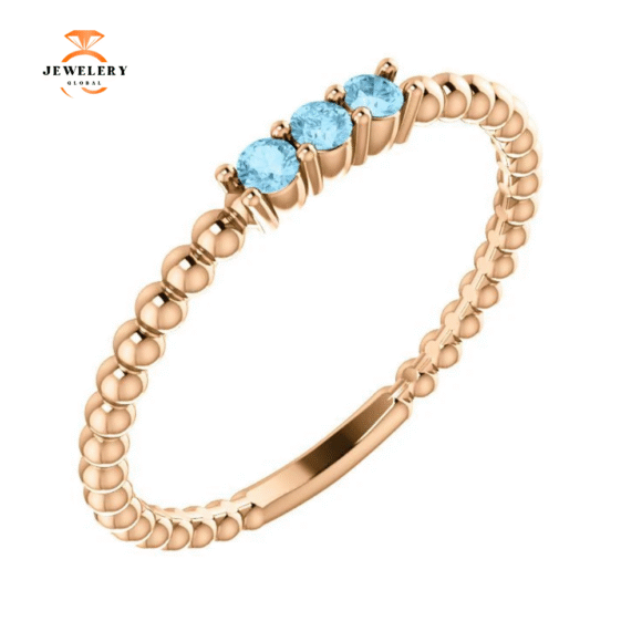 14KT GOLD 0.12 CTW AQUAMARINE 3 STONE BEADED STACKABLE RING - Image 15