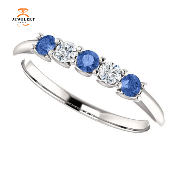 14KT GOLD 0.24 CTW SAPPHIRE & 0.12 CTW DIAMOND 5 STONE BAND - Image 5