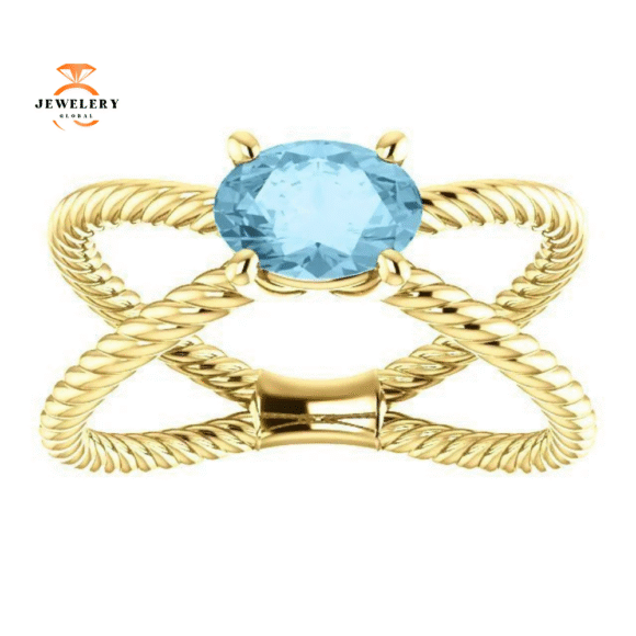 14KT GOLD 0.70 CT AQUAMARINE ROPE CRISS-CROSS RING - Image 6