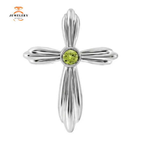 14KT GOLD .09 CT PERIDOT BEZEL-SET CROSS PENDANT