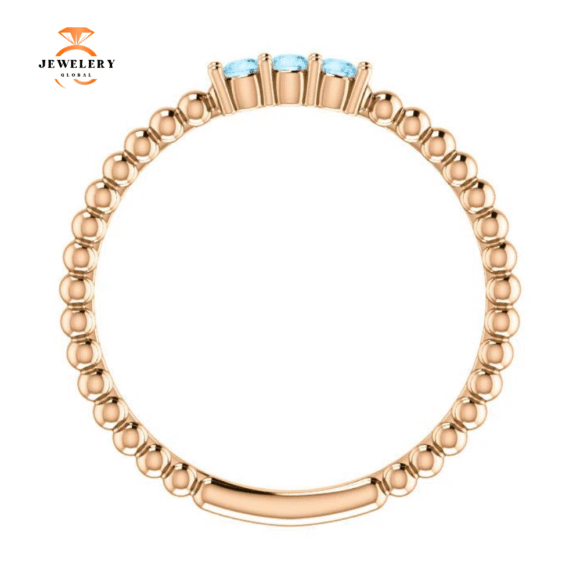 14KT GOLD 0.12 CTW AQUAMARINE 3 STONE BEADED STACKABLE RING - Image 10