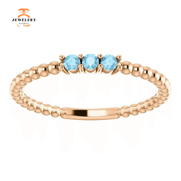 14KT GOLD 0.12 CTW AQUAMARINE 3 STONE BEADED STACKABLE RING - Image 11