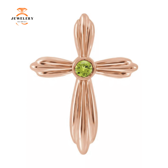 14KT GOLD .09 CT PERIDOT BEZEL-SET CROSS PENDANT - Image 4