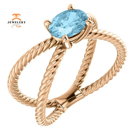 14KT GOLD 0.70 CT AQUAMARINE ROPE CRISS-CROSS RING - Image 9