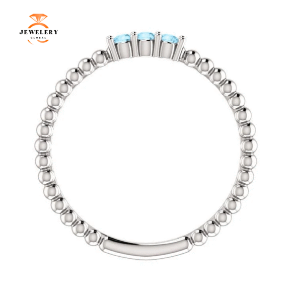 14KT GOLD 0.12 CTW AQUAMARINE 3 STONE BEADED STACKABLE RING - Image 2