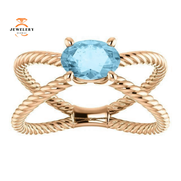 14KT GOLD 0.70 CT AQUAMARINE ROPE CRISS-CROSS RING - Image 10