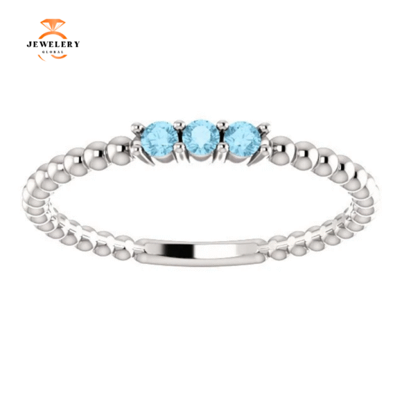 14KT GOLD 0.12 CTW AQUAMARINE 3 STONE BEADED STACKABLE RING - Image 3