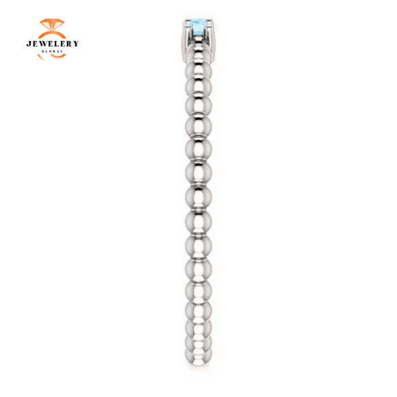 14KT GOLD 0.12 CTW AQUAMARINE 3 STONE BEADED STACKABLE RING - Image 4