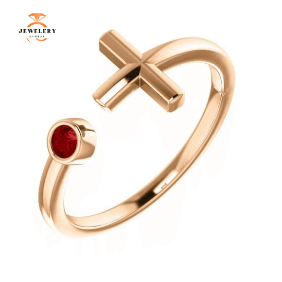 14KT GOLD .09 CT RUBY BEZEL-SET CUFF CROSS RING