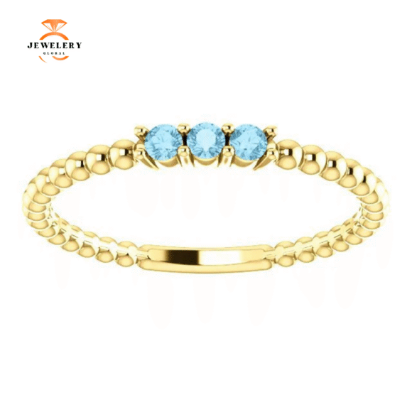 14KT GOLD 0.12 CTW AQUAMARINE 3 STONE BEADED STACKABLE RING - Image 7