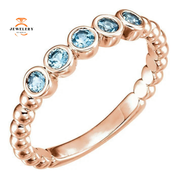 14KT GOLD 0.30 CTW AQUAMARINE BEZEL-SET 5 STONE BEADED RING