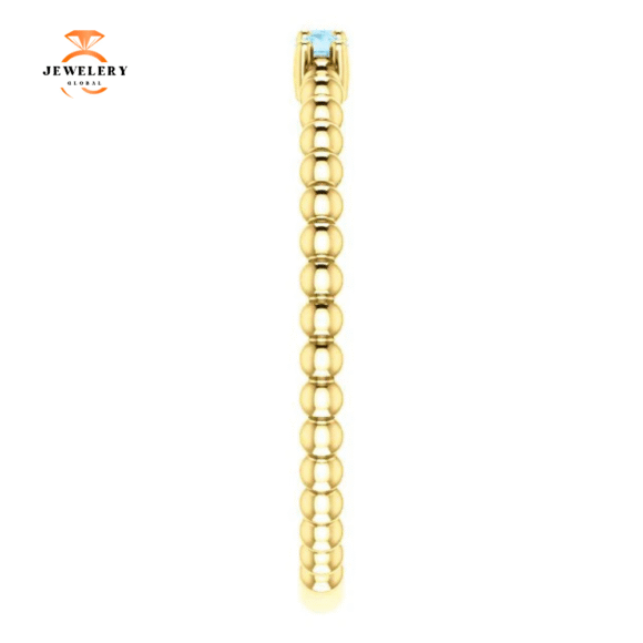 14KT GOLD 0.12 CTW AQUAMARINE 3 STONE BEADED STACKABLE RING - Image 8