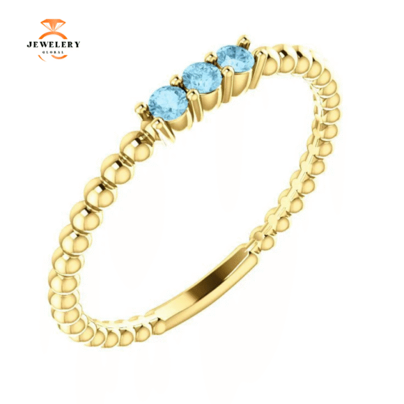 14KT GOLD 0.12 CTW AQUAMARINE 3 STONE BEADED STACKABLE RING - Image 14