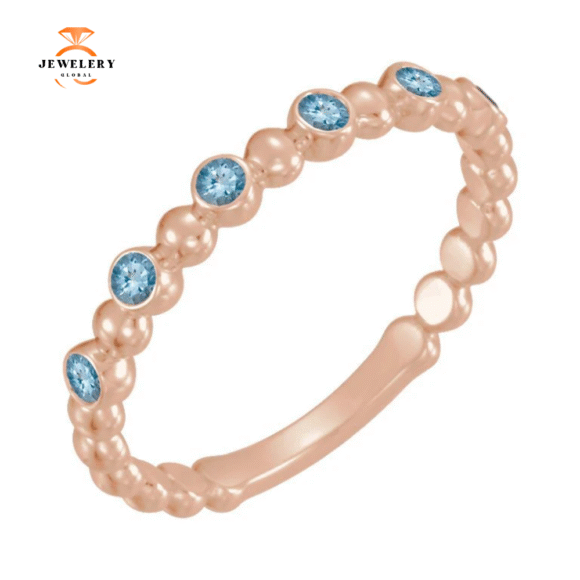 14KT GOLD 0.12 CTW AQUAMARINE 3 STONE BEADED STACKABLE RING