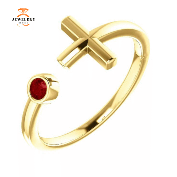 14KT GOLD .09 CT RUBY BEZEL-SET CUFF CROSS RING - Image 4