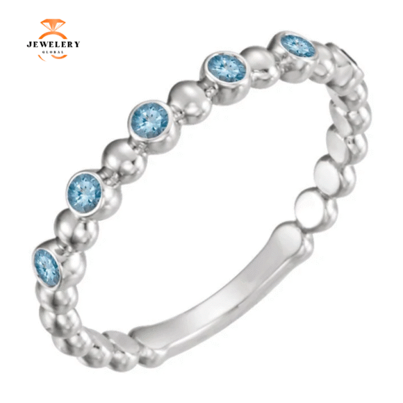 14KT GOLD 0.12 CTW AQUAMARINE 3 STONE BEADED STACKABLE RING - Image 2