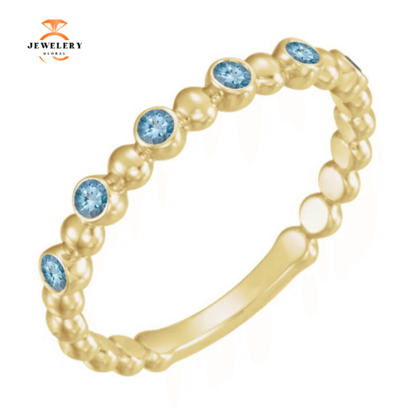 14KT GOLD 0.12 CTW AQUAMARINE 3 STONE BEADED STACKABLE RING - Image 3
