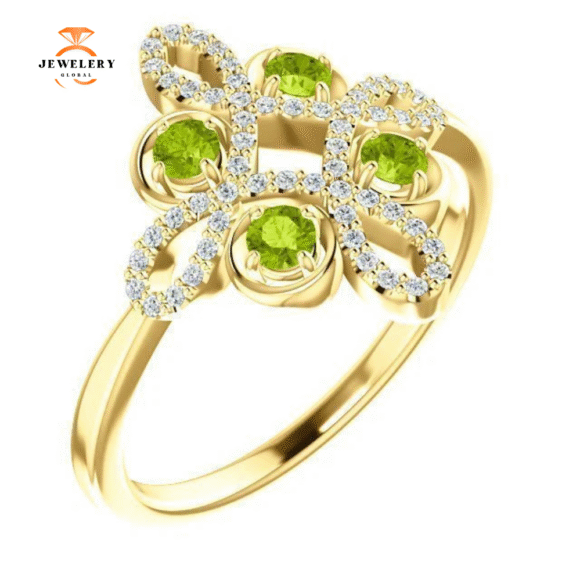 14KT GOLD .36 CTW PERIDOT & .16 CTW DIAMOND ACCENT CLOVER RING
