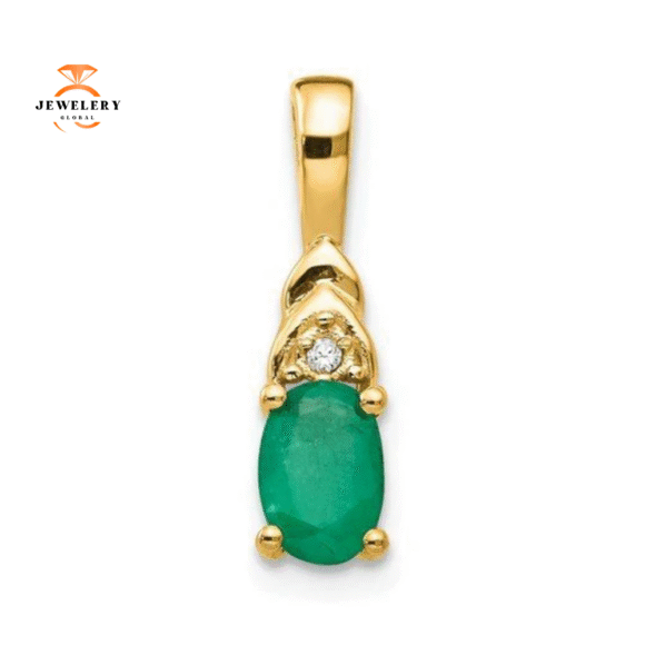 14KT Gold Oval Emerald and Diamond Pendant - Image 4