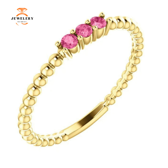 14KT GOLD 0.12 CTW PINK TOURMALINE 3 STONE BEADED RING - Image 5