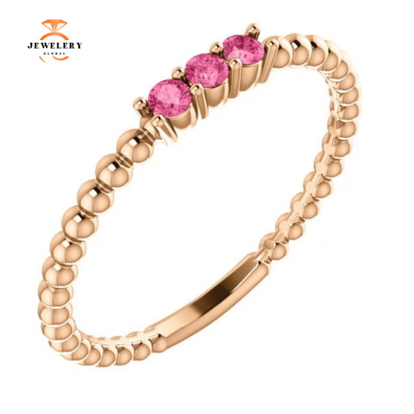 14KT GOLD 0.12 CTW PINK TOURMALINE 3 STONE BEADED RING - Image 11
