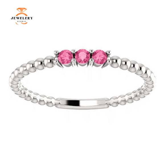 14KT GOLD 0.12 CTW PINK TOURMALINE 3 STONE BEADED RING - Image 3