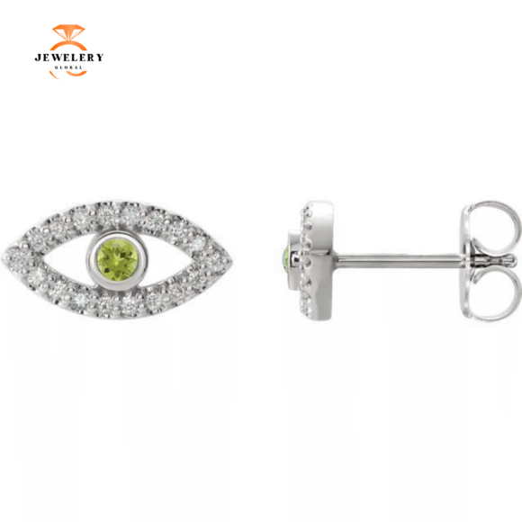 14KT GOLD .10 CTW PERIDOT & .18 CTW DIAMOND EVIL EYE EARRINGS