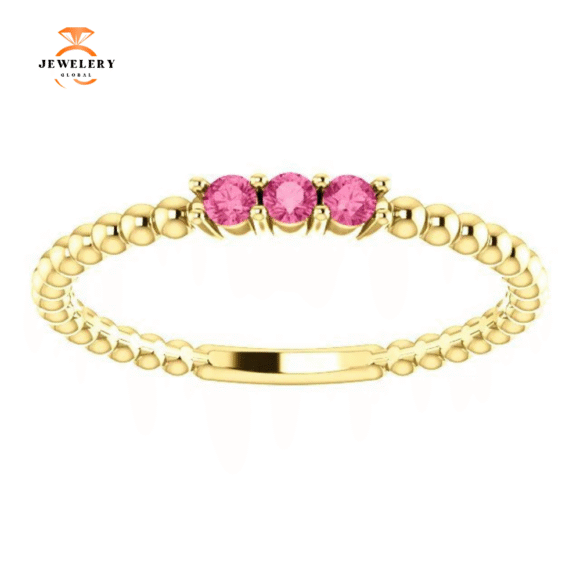 14KT GOLD 0.12 CTW PINK TOURMALINE 3 STONE BEADED RING - Image 14
