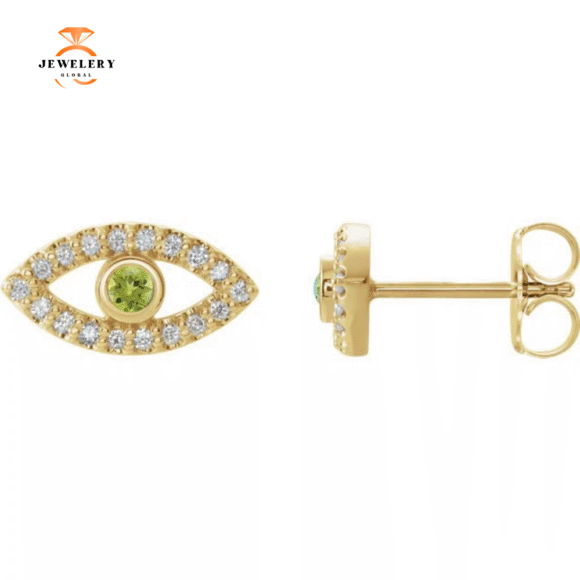 14KT GOLD .10 CTW PERIDOT & .18 CTW DIAMOND EVIL EYE EARRINGS - Image 3