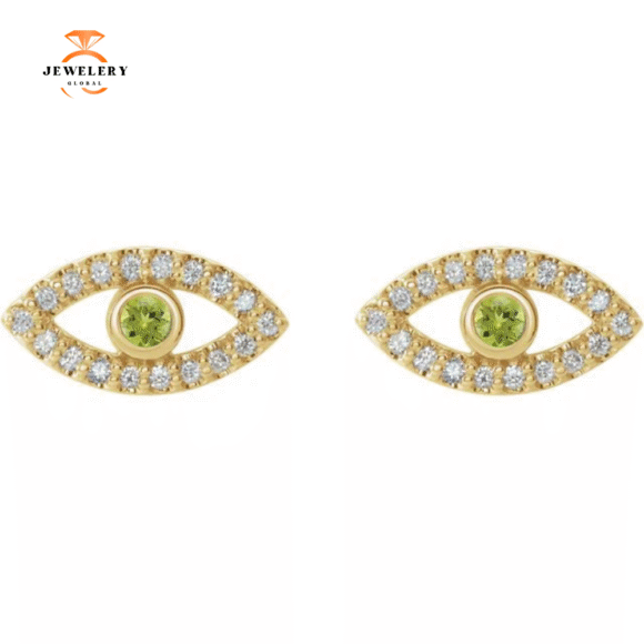 14KT GOLD .10 CTW PERIDOT & .18 CTW DIAMOND EVIL EYE EARRINGS - Image 4