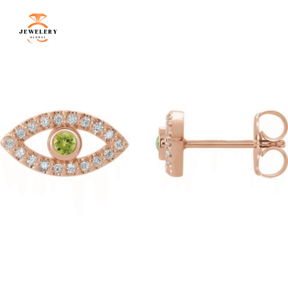 14KT GOLD .10 CTW PERIDOT & .18 CTW DIAMOND EVIL EYE EARRINGS - Image 5